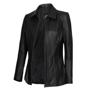Women's Shirt Collar 3-4 Length Black Leather Coat