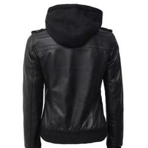 Women's Hood Removable Black Bomber Leather Jacket