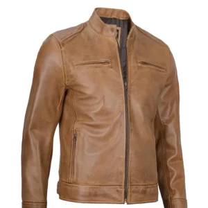 Mens Cafe Racer Camel Brown Leather Jacket