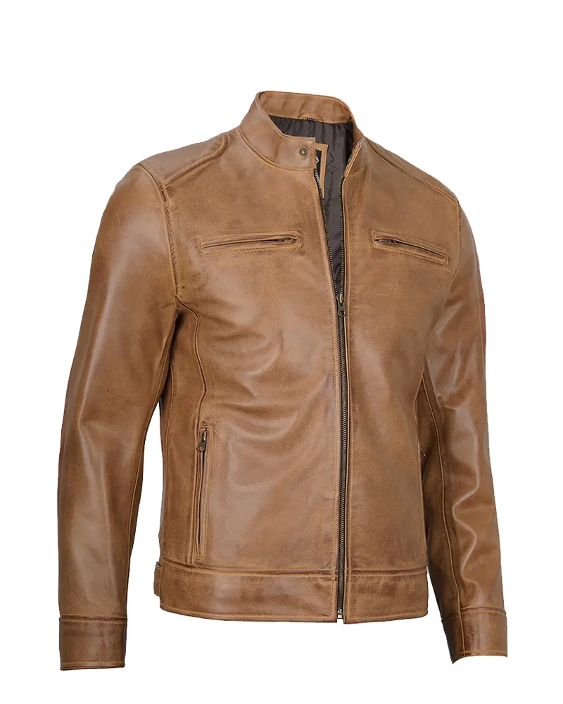Mens Cafe Racer Camel Brown Leather Jacket