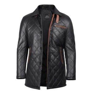 Men's Black Quilted Leather Car Coat With Brown Detailing
