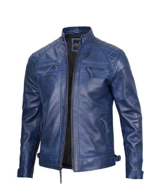 Mens Blue Waxed Cafe Racer Leather Jacket