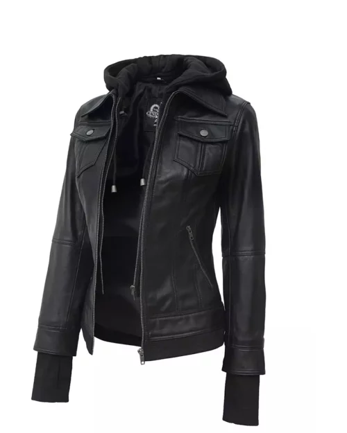 Women’s Black Leather Motorcycle Jacket with Hood