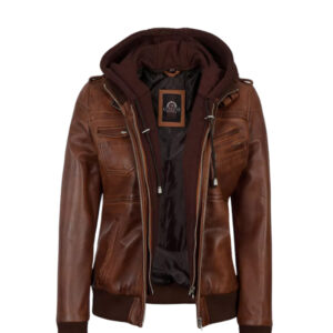 Women's Brown Leather Bomber Jacket With Removable Hood