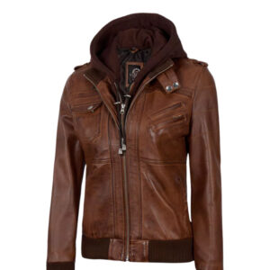 Women's Brown Leather Bomber Jacket With Removable Hood