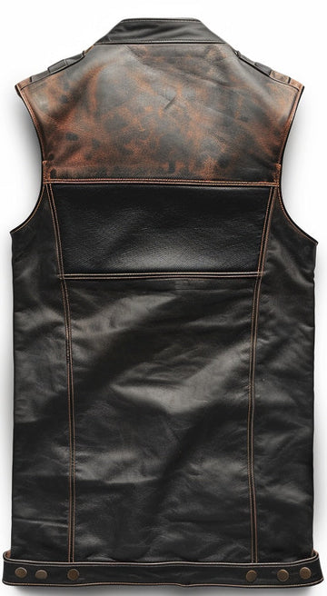 Men's Brown Black Distressed Motorcycle Leather Vest