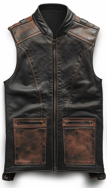 Men's Brown Black Distressed Motorcycle Leather Vest