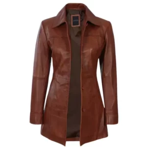 Women's Tall Shirt Collar Leather Coat