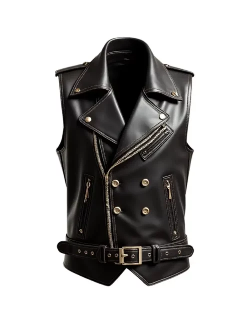Men's Premium Black Leather Vest with Adjustable Belt