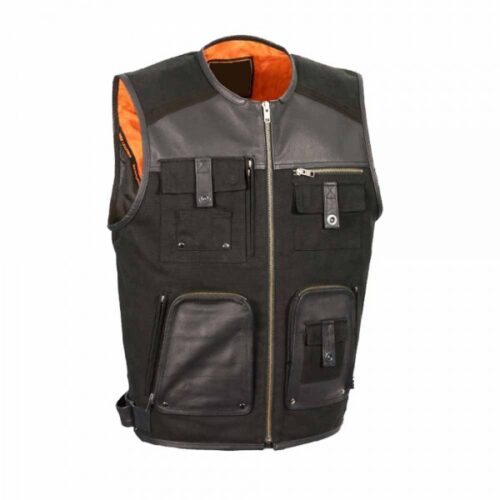 Men's Black Multi-Pocket Leather Vest