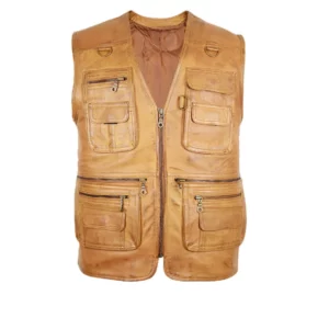 Mens Brown V-Neck Hunting Leather Vest
