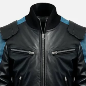 Black Blue Bomber Leather Jacket