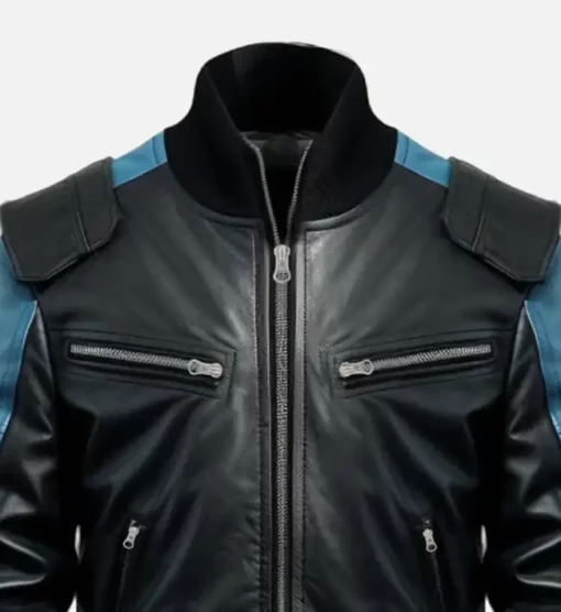 Black Blue Bomber Leather Jacket