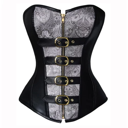Black and Silver Steel Boned Steampunk Leather Corset