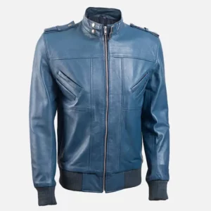 Men Band Collar Blue Bomber Leather Jacket