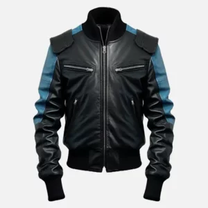 Men Black & Blue Bomber Leather Jacket