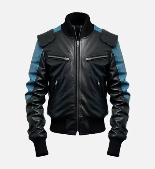Men Black & Blue Bomber Leather Jacket