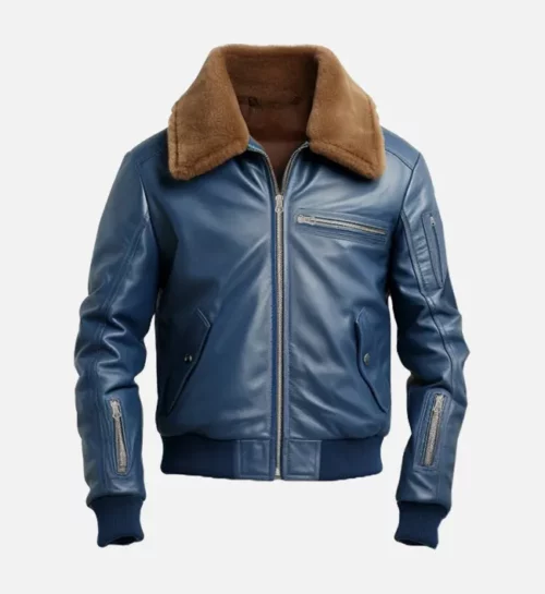 Men Blue Flight Bomber Leather Jacket