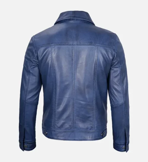 Men Blue Leather Trucker Jacket