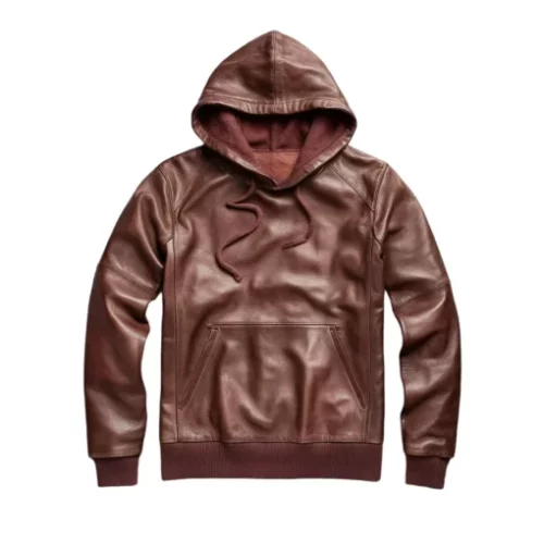 Men Brown Pullover Style Leather Hoodie