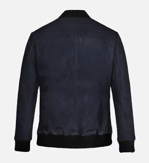 Men Dark Blue Suede Bomber Jacket