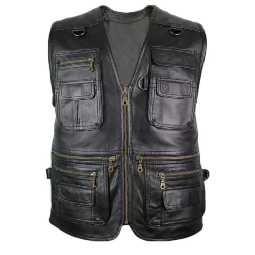 Men's Black V-Neck Hunting Leather Vest