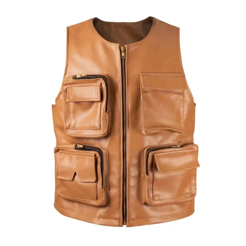 Men's Camel Brown Leather Hunting Vest