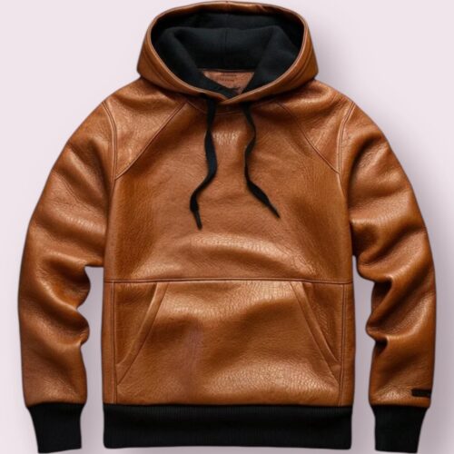 Men's Brown Real Lambskin Leather Hoodie
