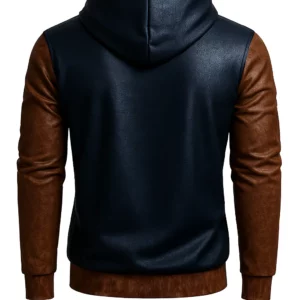 Mens PU Two-Tone Pullover Leather Hoodie