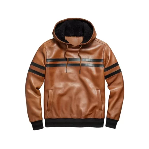 Men's Pullover Style Brown Leather Hoodie