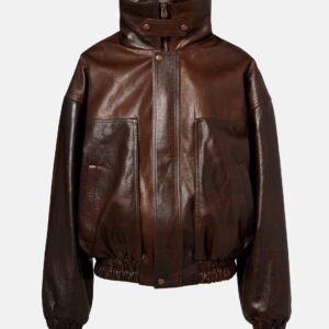 Women's Brown Oversized Leather Bomber Jacket