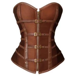 Womens Brown Satin Buckle Leather Corset
