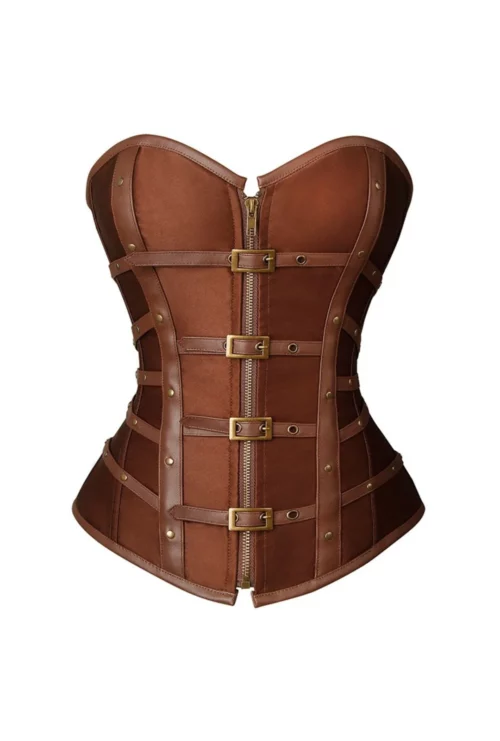 Womens Brown Satin Buckle Leather Corset
