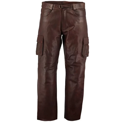 Mens Brown Cargo Pockets Motorcycle Leather Pants