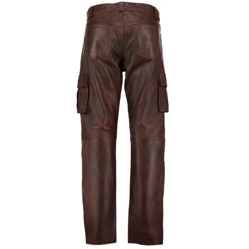 Mens Brown Cargo Pockets Motorcycle Leather Pants
