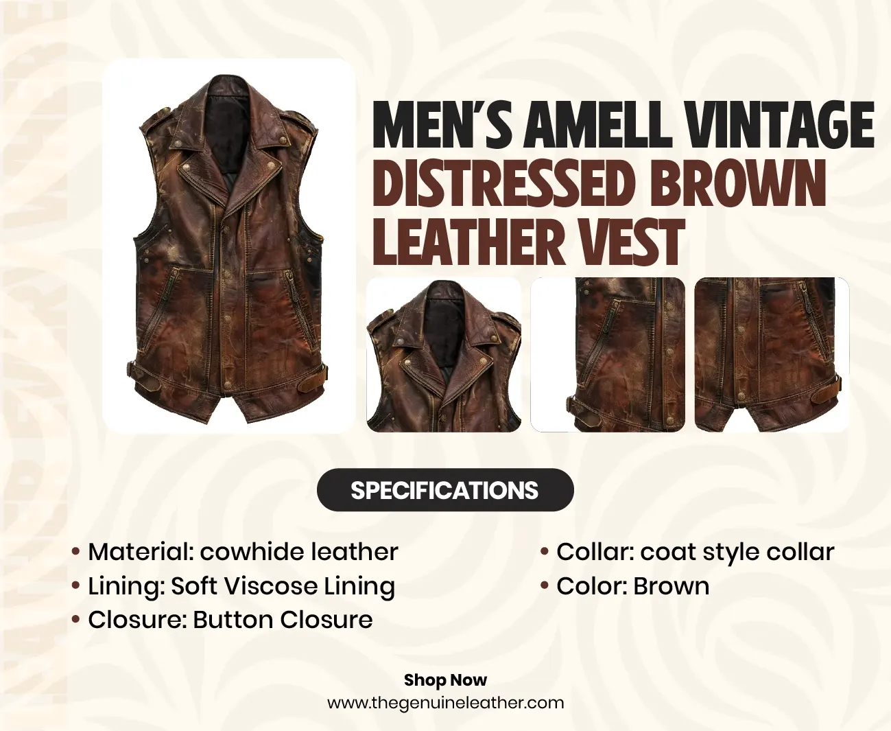 Men's Amell Vintage Distressed Brown Leather Vest