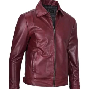 Men Simple Maroon Cafe Racer Leather Jacket