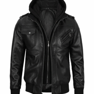 Mens Black Hooded Stylish Bomber Leather Jacket