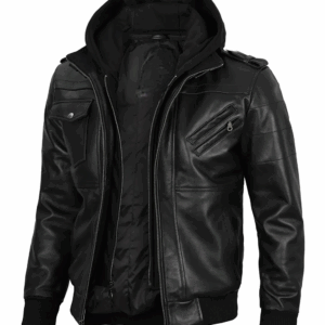 Mens Black Hooded Stylish Bomber Leather Jacket