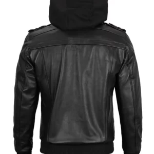 Mens Black Hooded Stylish Bomber Leather Jacket