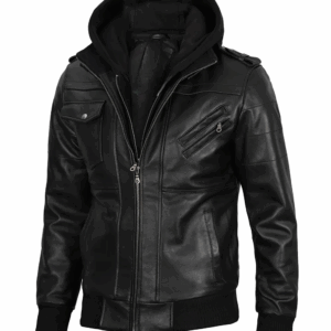 Mens Black Hooded Stylish Bomber Leather Jacket