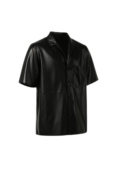Men's Fine Grain Half Sleeves Black Leather Shirt