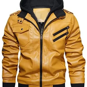 Mens Yellow Faux Leather Jacket with Removable Hood