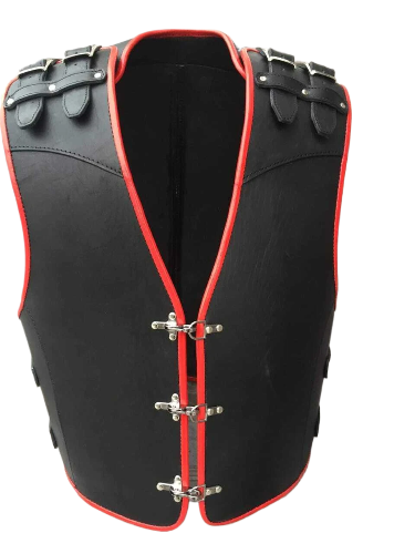 Men's Red Strip Black Biker Leather vest