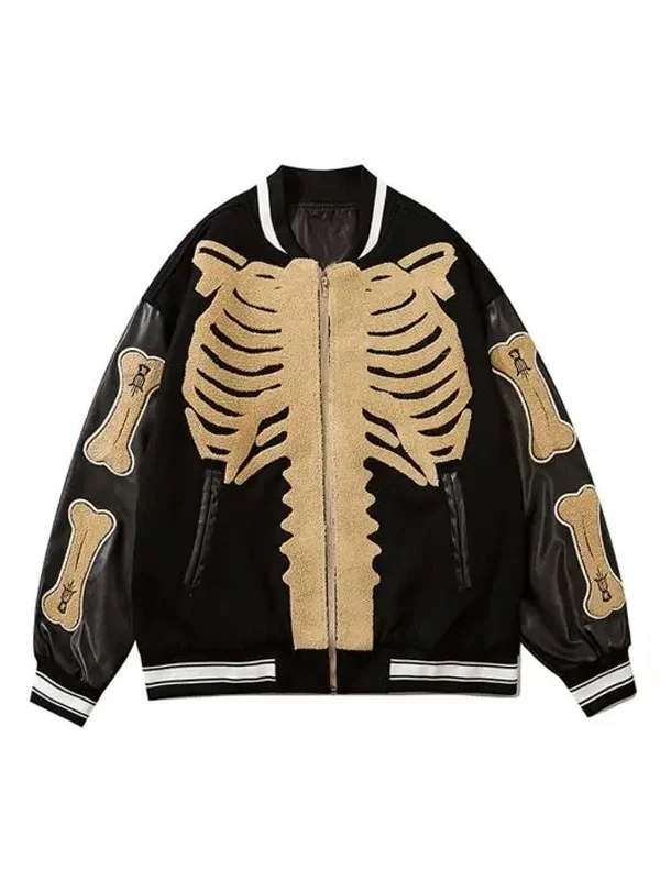 Bones Harajuku Skeleton Varsity Jacket | Genuine Leather