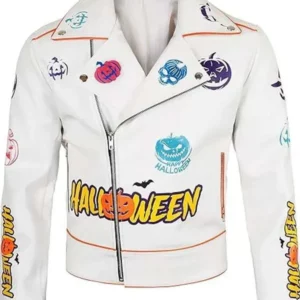 Halloween Pumpkin White Biker Leather Jacket