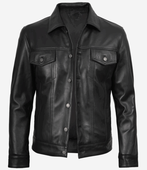 Men Fernando Black Leather Trucker Jacket