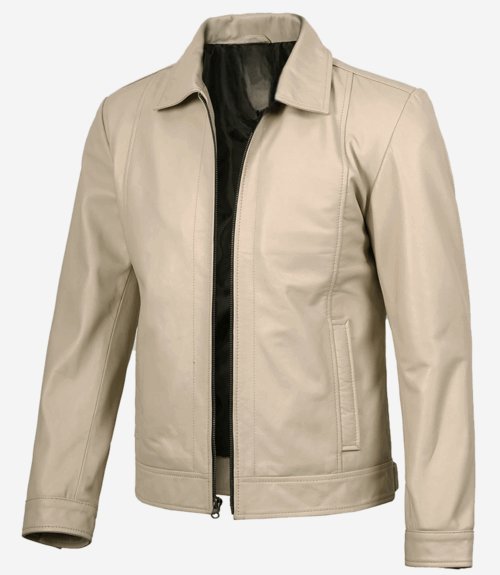 Men's Beige Real Leather Harrington Jacket