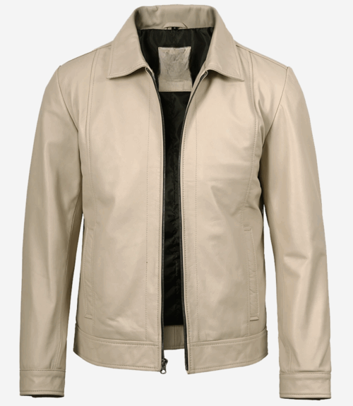 Men's Beige Real Leather Harrington Jacket