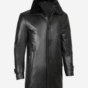 Men's Black Real Leather Coat With Fur Collar
